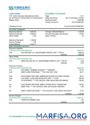 Realistic China Minsheng bank statement excel example